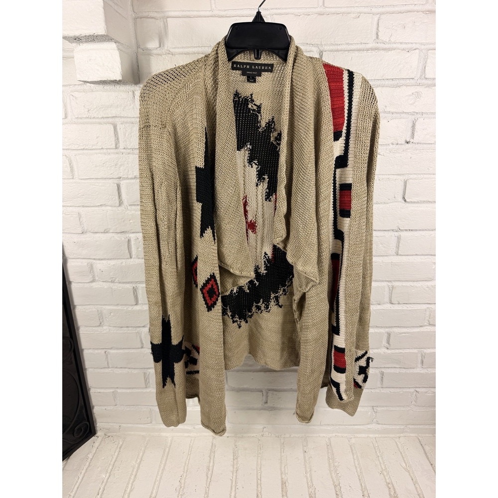 Ralph Lauren Hand Knit L Southwestern Intarsia Open Cardigan Linen Cotton